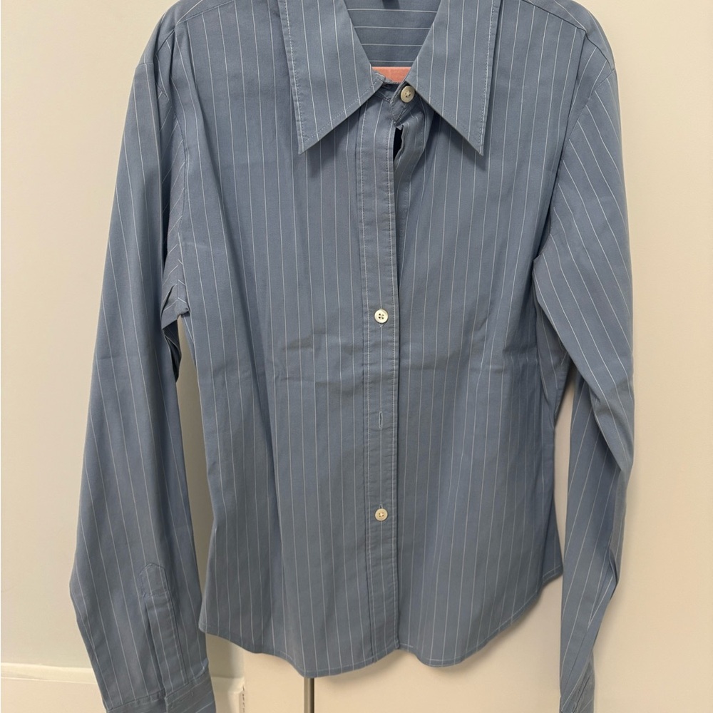 Theory Women’s Narrow Fit Blue Pinstripe Dress Shirt
